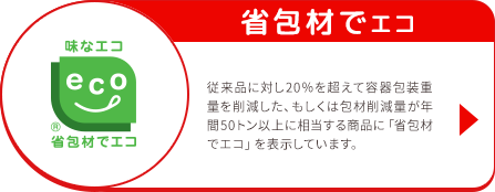 省包材でエコ 従来品に対し20%を超えて容器包装重量を削減した、もしくは包材削減量が年間50トン以上に相当する商品に「省包材でエコ」を表示しています。
